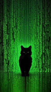 A cascading binary code background highlighting a black cat. Deja Vu.