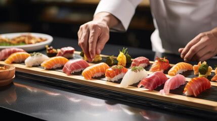 Obraz na płótnie Canvas Closeup of chef hands preparing japanese food. Japanese chef making sushi at restaurant