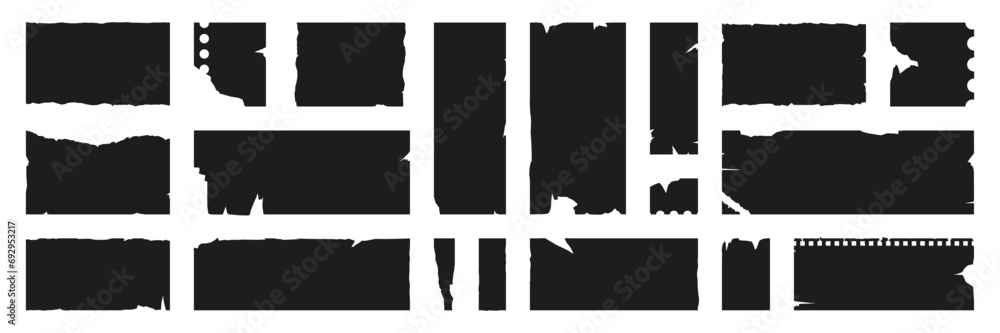 Poster set of jagged edge rectangle shape. black ripped paper sheet with scratch. grunge frame collection f