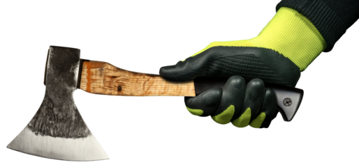 Manual worker with protective work gloves holding an old axe or hatchet with wooden and black rubber handle. Isolated on white or transparent background, png. Generative Ai.