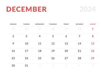 Monthly page Calendar Planner Templates of December 2024. Vector layout of simple calendar with week start Monday for print. Page for size A4 or 21x29.7 cm