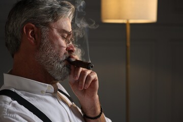 Bearded man smoking cigar indoors. Space for text