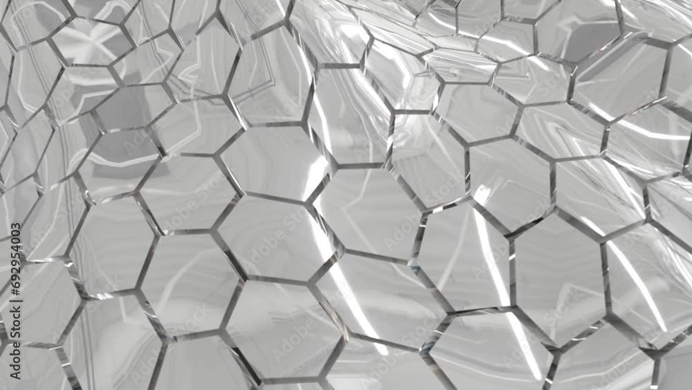 Poster abstract metallic silver chrome shiny cells hexagons with waves background
