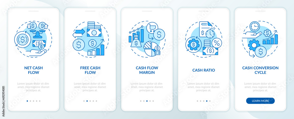 Aufkleber 2d icons representing key metrics cash flow monochromatic mobile app screen set. walkthrough 5 steps