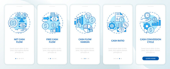 2D icons representing key metrics cash flow monochromatic mobile app screen set. Walkthrough 5 steps blue graphic instructions with line icons concept, UI, UX, GUI template.