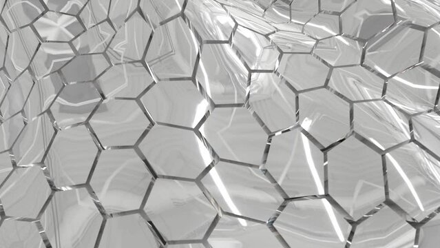 Abstract metallic silver chrome shiny cells hexagons with waves background