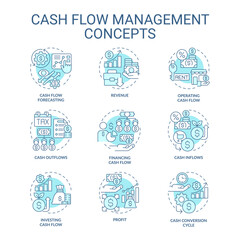 Collection of 2D editable blue thin line icons representing cash flow management, isolated simple vector, linear illustration.