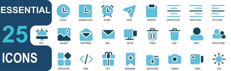 25 icon set essential.style duo tone.clock,alarm,message,send,note pad,menu,code,gift,bookmark.flat vector collection.