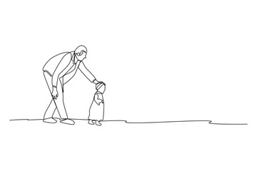 Father teaching his daughter to walk outside, simple continuous line drawing of happy family minimalist concept. Family vacation.