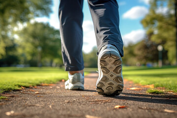 Man's legs, clad in  sports shoes, jogging in the park from a rear perspective.