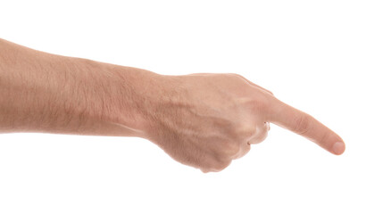Man pointing with index finger on white background, closeup