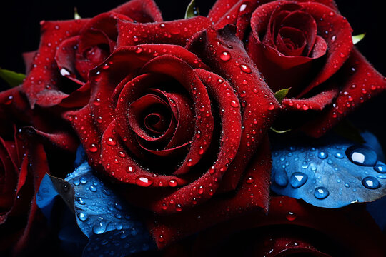 Beautiful red roses with water drops on black background generated.AI