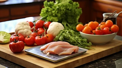 Foto op Canvas Importance of Portion Control in a Balanced Diet: Kitchen Scale Weighing Healthy Foods © mattegg
