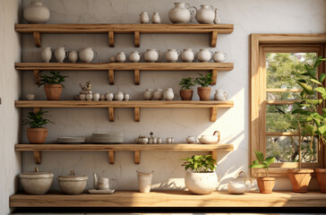 Fototapeta na wymiar Stylish scandi cuisine interior decor. Ceramic plates, dishes, utensils and cozy decor on wooden shelfs. Kitchen wooden shelves with various ceramic jars and cookware. Open shelves in the kitchen