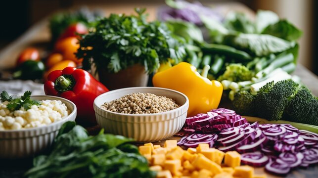 Close-up Of Hands Preparing Nutritious Vegan Meal With Tofu, Quinoa, And Colorful Vegetables.