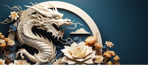 Happy New Year, 2024, Blue Dragon, Zodiac sign year of the Blue Dragon, Happy New Year 2024 Zodiac sign Dragon on Blue background papercut 