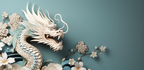 Happy New Year, 2024, Blue Dragon, Zodiac sign year of the Blue Dragon, Happy New Year 2024 Zodiac sign Dragon on Blue background papercut 