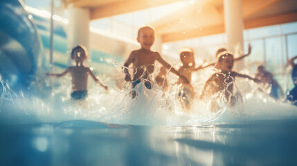 Blurred background of a modern aquapark with happy children.  - obrazy, fototapety, plakaty
