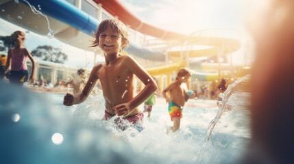 Blurred background of a modern aquapark with happy children. 