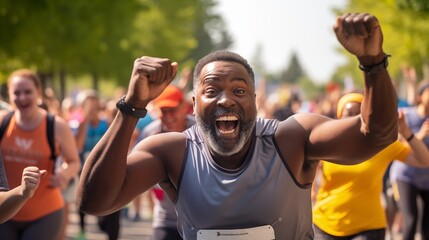 Middle-aged Black Man Triumphs in Community 5k Race - obrazy, fototapety, plakaty