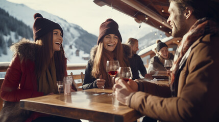 Joyful young people in winterwear in winter mountains enjoying drinks together.  - obrazy, fototapety, plakaty