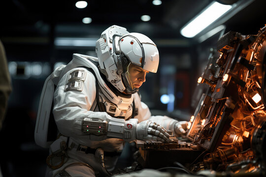 Astronaut in a space suit working on a spacecraft, engaged in repair or operation of high-tech space equipment.