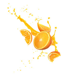 Orange with splashing juice isolated on white