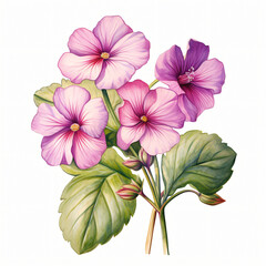 Digital botanical illustration of purple pink primero