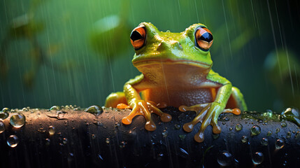sad tree frog in the rain - obrazy, fototapety, plakaty