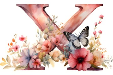 Playful Nursery Theme: Watercolor 'X' Letter Clipart with Charming Floral Details