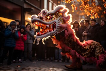 Fototapeta na wymiar Captivating Chinese New Year: Dynamic Dragon Dance in Dominant Red