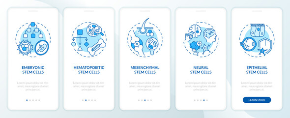 2D icons representing types of stem cell mobile app screen set. Walkthrough 5 steps blue graphic instructions with linear icons concept, UI, UX, GUI template.