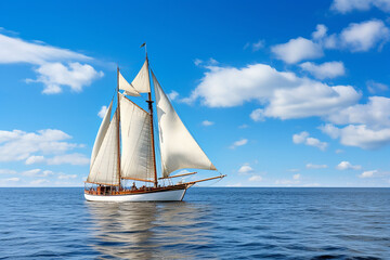 Fototapeta premium Sailboat in the sea on a background of blue sky white clouds, reflection, 