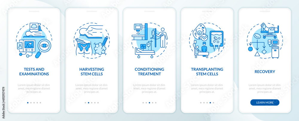 Aufkleber 2d linear icons representing bone marrow transplant mobile app screen set. walkthrough 5 steps monoc