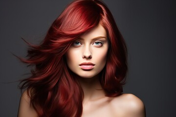 Fototapeta premium port Closeup hair glossy perfect model red Beautiful salon woman stylish haircut bob brown fashion smooth styling girl care short cut health vogue gloss white glamour luxury shampoo cosmetic