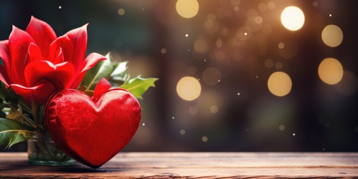 The symbolic romance of hearts and flowers on a wooden background is perfect for celebrating Valentine's Day.