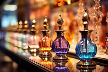 An illuminated market display displaying bright and colorful glass bottles reflecting cultural beauty and craftsmanship. - obrazy, fototapety, plakaty
