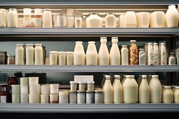 A well stocked shelf in a supermarket displaying a variety of fresh milk and dairy products.