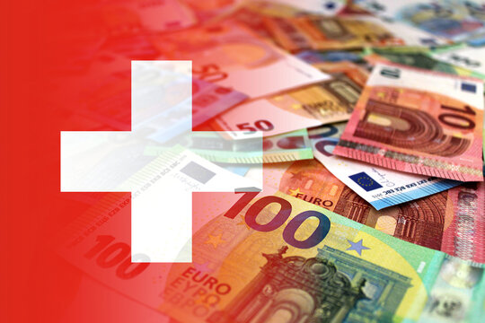 Euro banknotes colored in the colors of the flag of Switzerland. Gradient overlay of the Swiss flag on the euro notes.