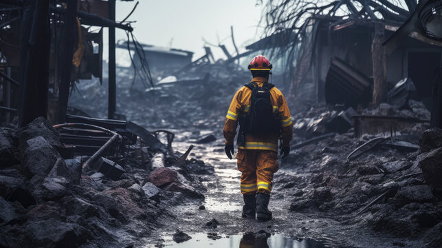 Firefighter walking through the charred remains of a burned-down area