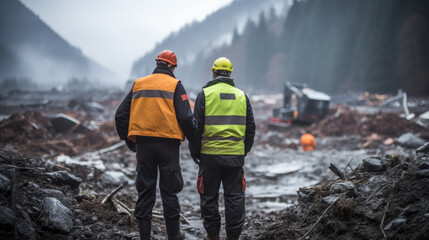 Two workers in hi-vis jackets assessing disaster site in a foggy valley - obrazy, fototapety, plakaty