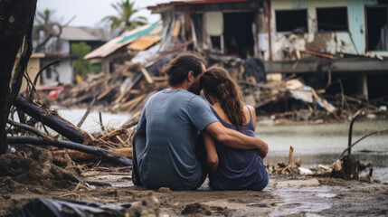 Couple sitting on debris, embracing, looking at a flooded, destroyed home