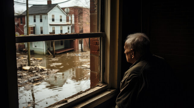 Elderly man looking out a window at a flooded neighborhood