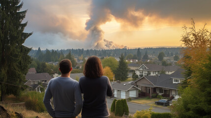 Two people gaze at a distant wildfire from their neighborhood - obrazy, fototapety, plakaty