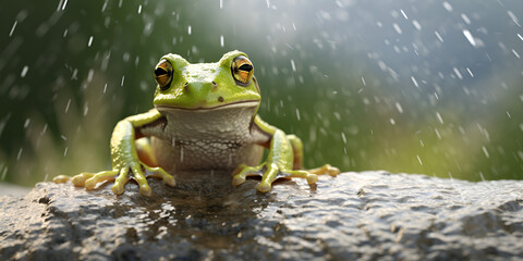 A frog with a green body sits on a ledge in the rain,Rain-soaked Elegance: Green Frog Perched on a Ledge
 - obrazy, fototapety, plakaty