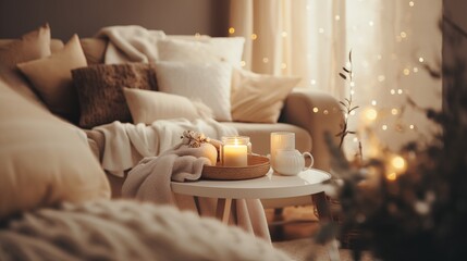 Modern winter hygge Christmas set in living room. pastel beige light interior elements, soft pillows, plaid on sofa with candles