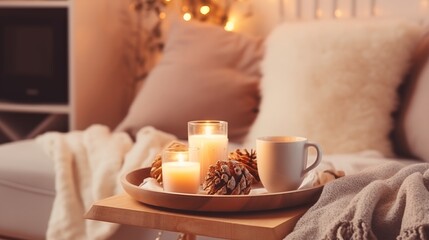 Fototapeta na wymiar Modern winter hygge Christmas set in living room. pastel beige light interior elements, soft pillows, plaid on sofa with coffee drink mug on wood tray and candle