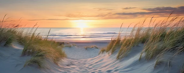 Foto op Plexiglas Strand zonsondergang Capturing beauty of coast. Sunset at beach. Sun dips below horizon casting warm glow on sand dunes and gentle waves. Idyllic seascape with calm waters and colorful sky invites reflection and peace