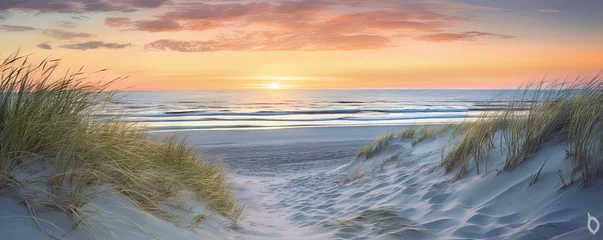 Photo sur Plexiglas Coucher de soleil sur la plage Capturing beauty of coast. Sunset at beach. Sun dips below horizon casting warm glow on sand dunes and gentle waves. Idyllic seascape with calm waters and colorful sky invites reflection and peace