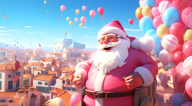 Cartoon Santa claus smiling with a background of colorful ballon,christmas city